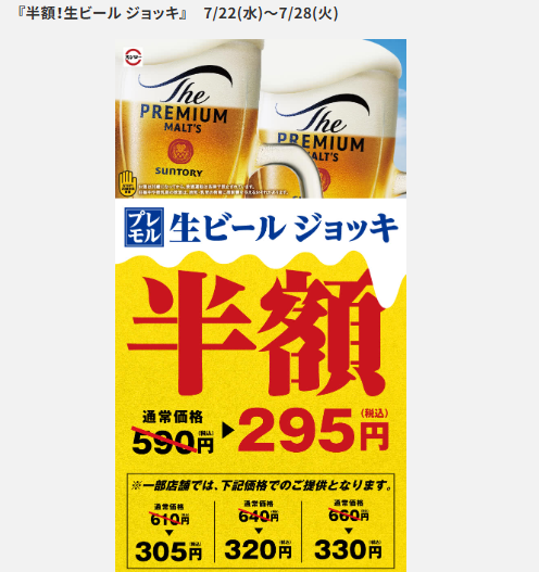 スシローの生ビールジョッキ半額キャンペーン案内